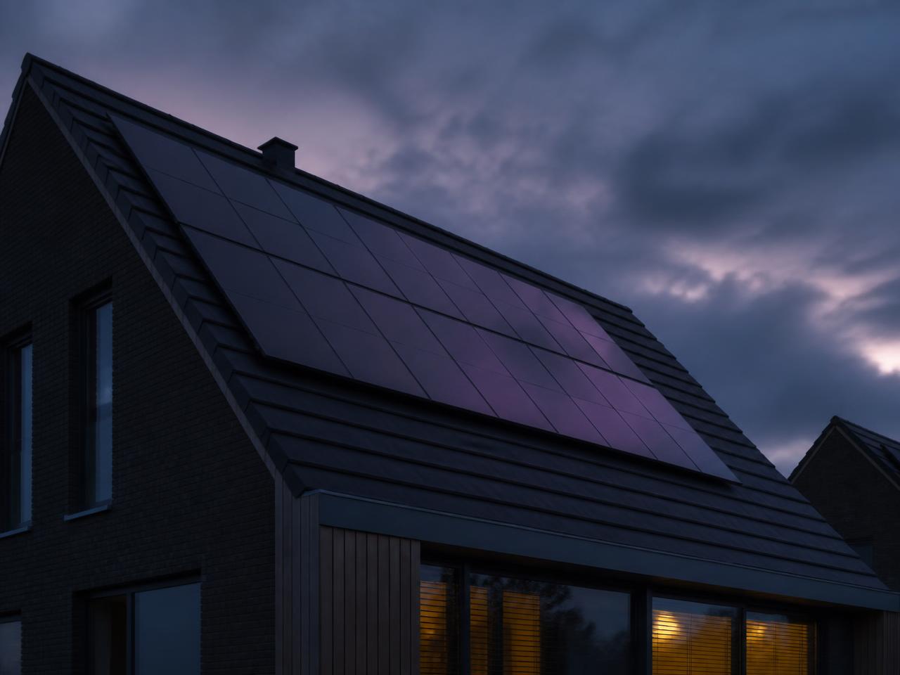 Zonnepanelen op een dak in de schemering